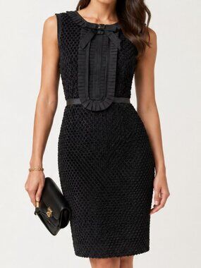 CHARLES Chang-Lima Pleated Bow Tie Waist Black Dress 8